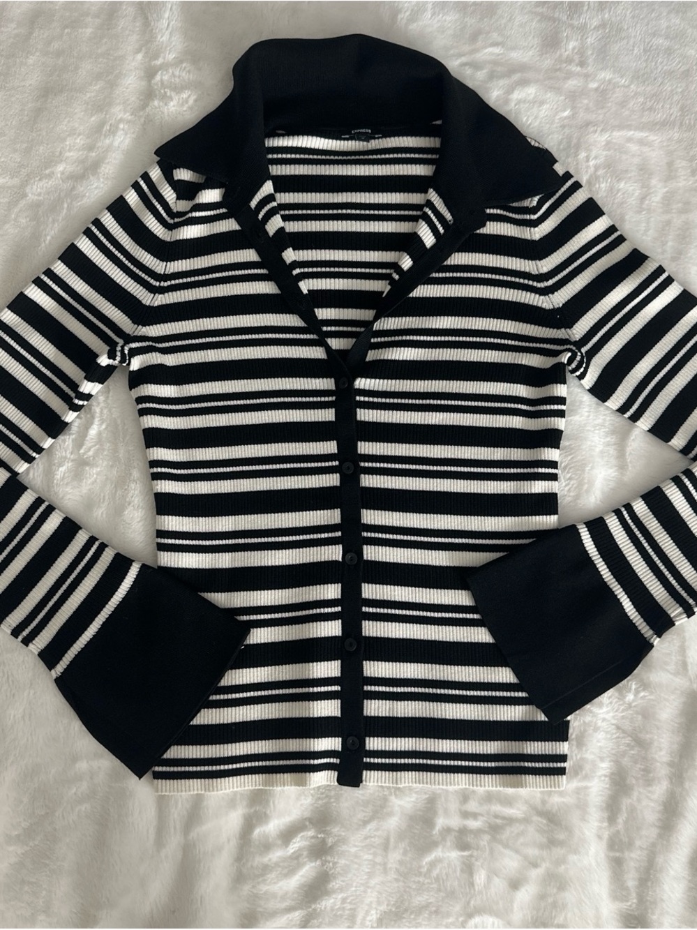 Express Black & White Striped Button-Front Women’s Sweater